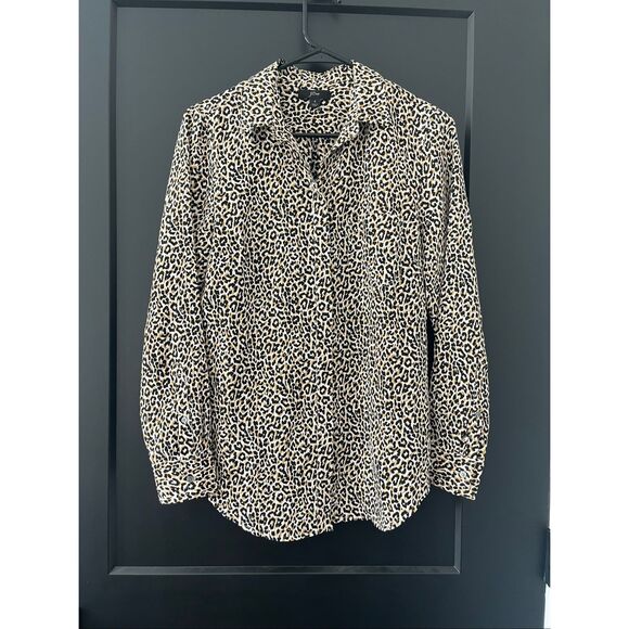 J. Crew 100% Silk Blouse Button-Down Camel Leopard Print Size 4 - Picture 3 of 7